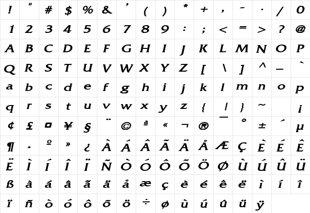 Franco Wide Bold Italic  glyph index