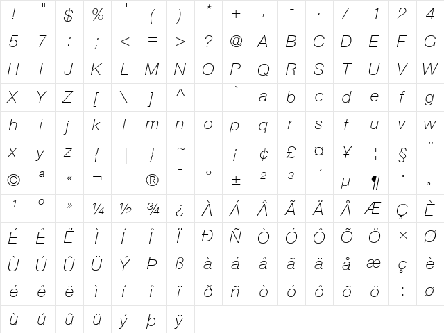 Helvetica Neue LT Com 36 Thin Italic  glyph index