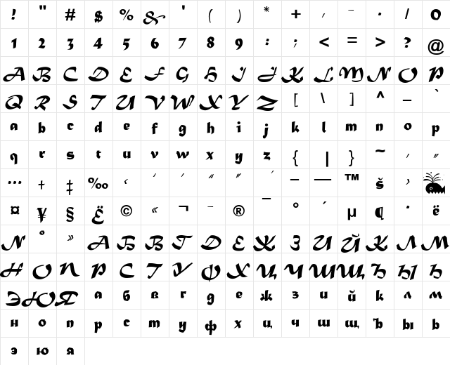 Madera Regular  glyph index