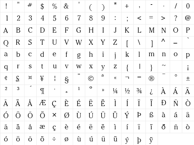 CheltenhamLightSSK Regular  glyph index