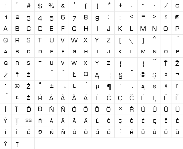 EurostileSCTEE Regular  glyph index