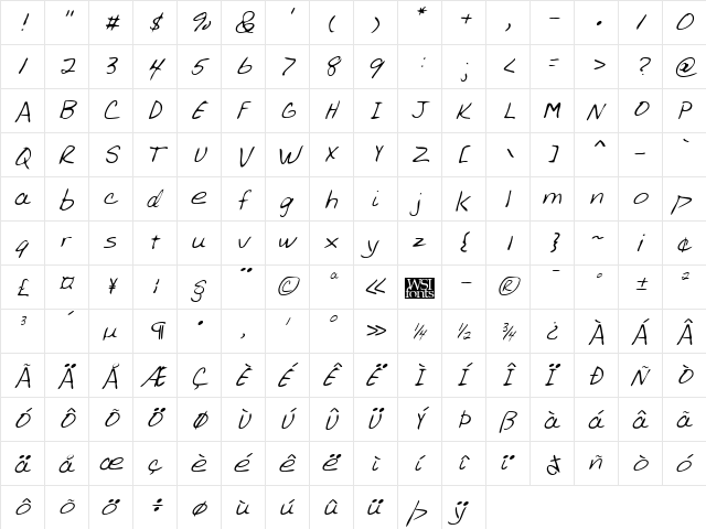 AllensHand Regular  glyph index