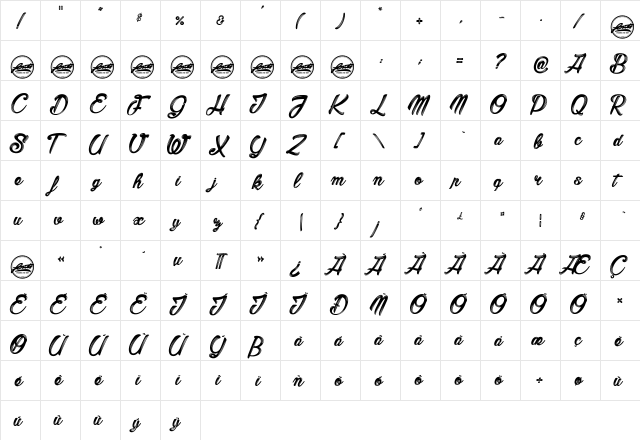 Barber Street_PersonalUseOnly Regular  glyph index