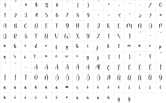 Meylina_DEMO Regular  glyph index