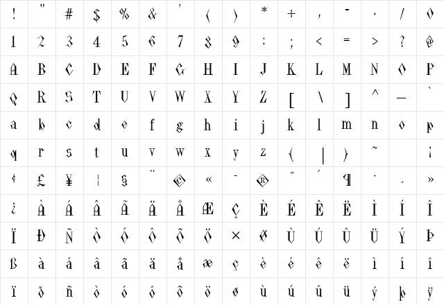 Pasdecourbe Regular  glyph index