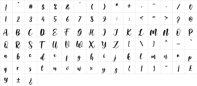 Amelya Regular  glyph index