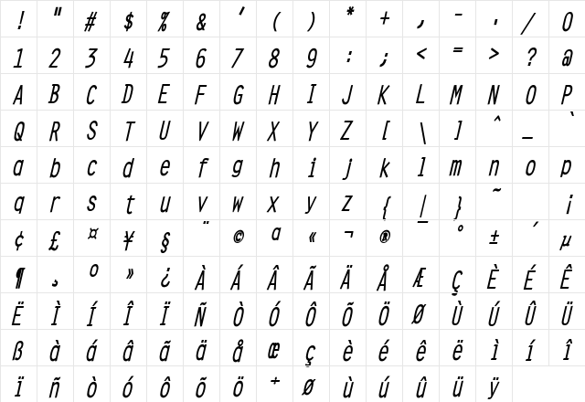 Clean Condensed Bold Italic  glyph index