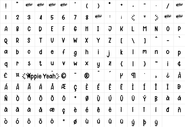Yippie Yeah Sans Regular  glyph index