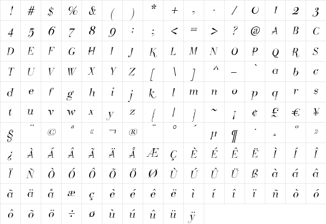 Take Five Italic Regular  glyph index