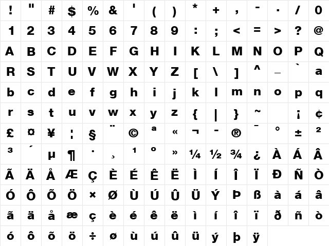 Helvetica Neue LT Com 85 Heavy  glyph index