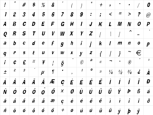 AlorNarrowCondensed Italic  glyph index