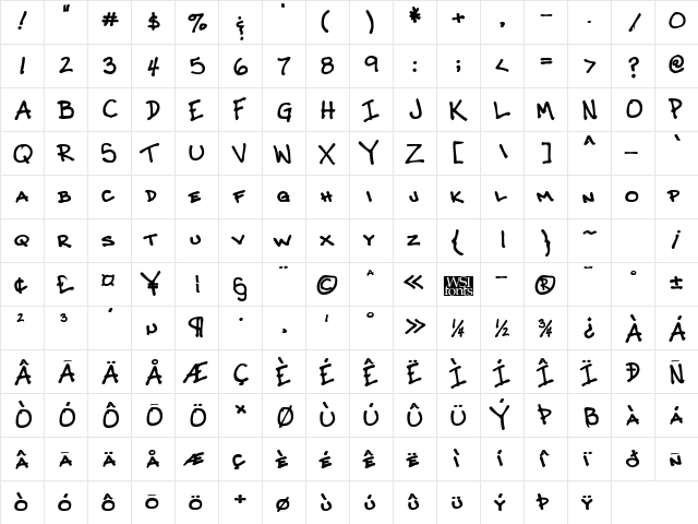 CrosbysHand Bold  glyph index