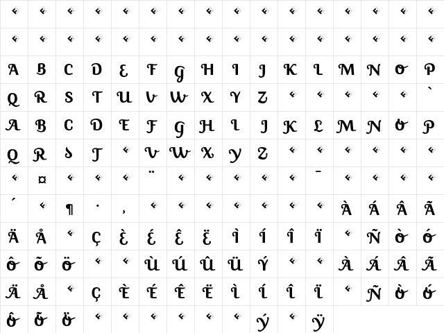 Jackie-Swash Bold  glyph index