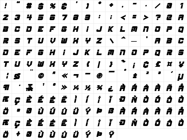 ESP_Bold_Italic Regular  glyph index