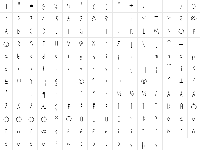 Washington D Light  glyph index