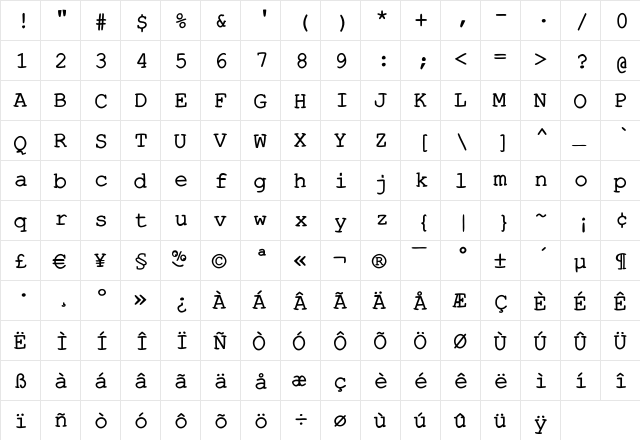 EscapeTypewriterC Regular  glyph index
