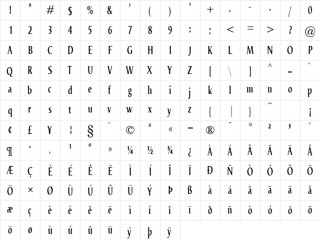 Odense Compr Regular  glyph index