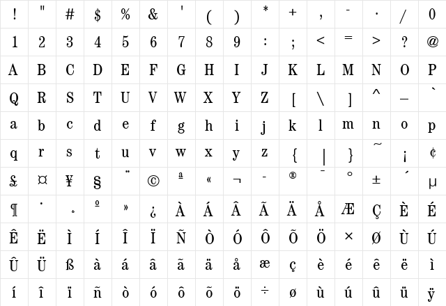 CenturyBookCdITC Medium  glyph index
