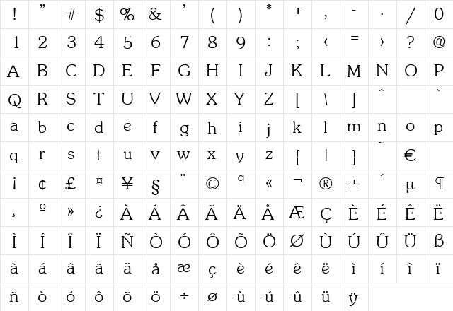 Sunset-Xlight Regular  glyph index