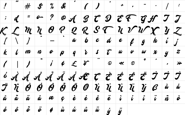 Mustardo Regular  glyph index