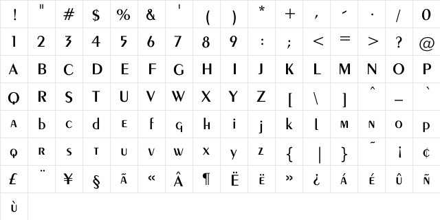 Exotic-Demi Regular  glyph index