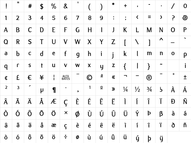 Alex Regular  glyph index