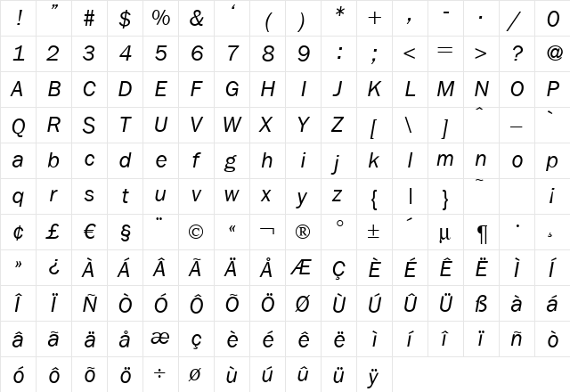 FranklinGothicNew Italic  glyph index