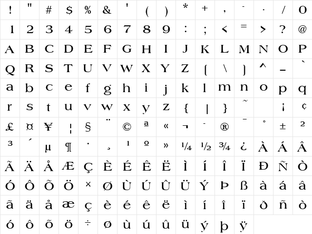 Ambassador Bold  glyph index