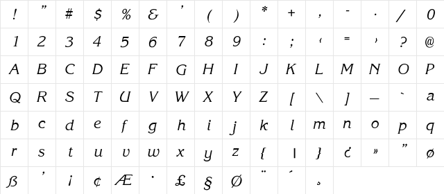 Gloria-SemiBold-Italic Regular  glyph index