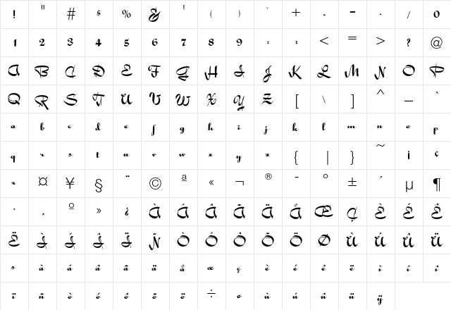 Holly Script  glyph index