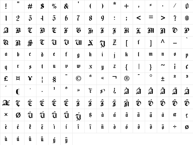 Beckett-Kanzlei Regular  glyph index