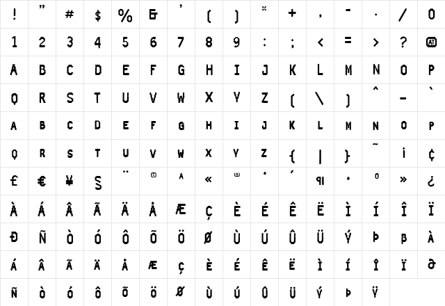 TicketDeCaisse Regular  glyph index