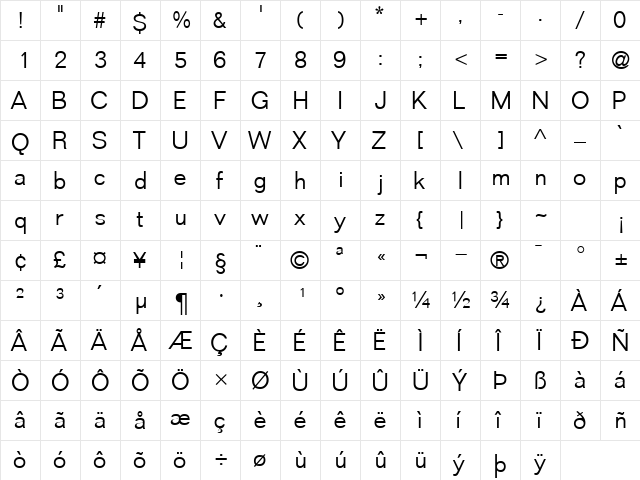 LayoutLightSSK Regular  glyph index