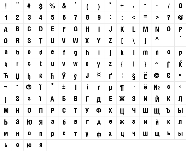 HeliosCond Regular  glyph index