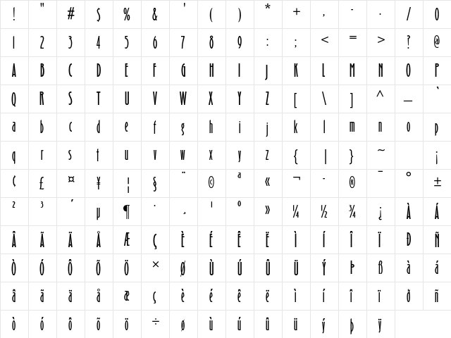Binner Gothic MT Std Regular  glyph index