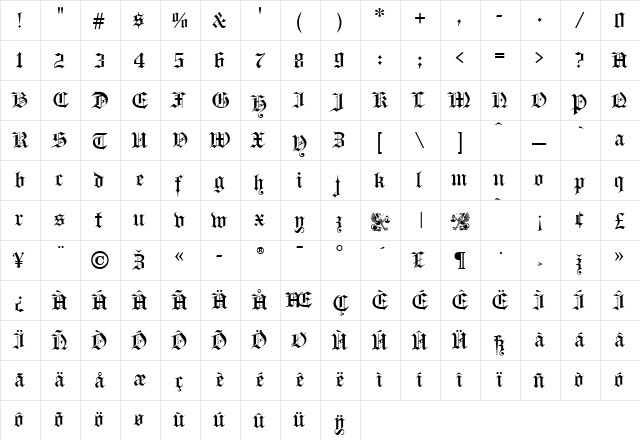 GutenbergGothic Regular  glyph index