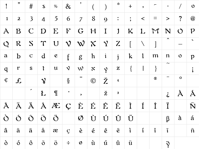 Auriol Normal  glyph index