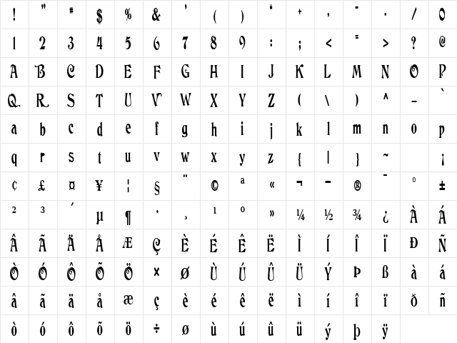 Dancing Regular  glyph index