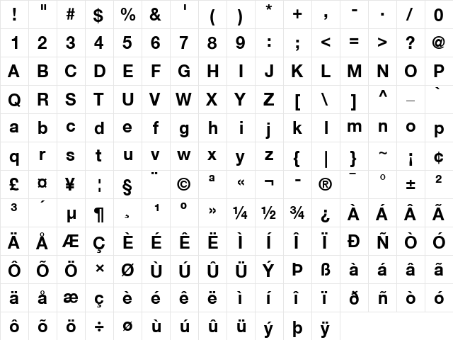 Helvetica 55 Roman Bold  glyph index