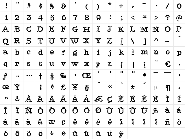 JukeboxBold Regular  glyph index