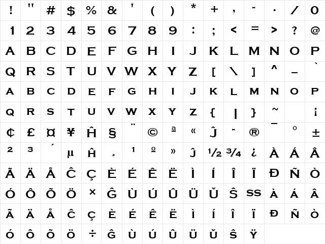 Copperplate Gothic Bold Eo Regular  glyph index