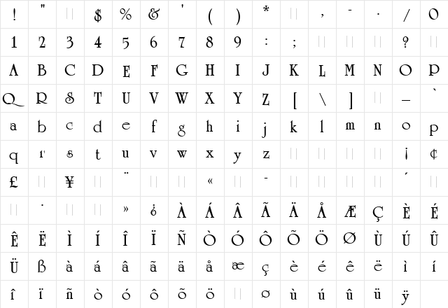 University Roman Bold Regular  glyph index