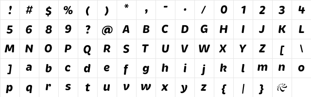Brevia BoldItalic Regular  glyph index