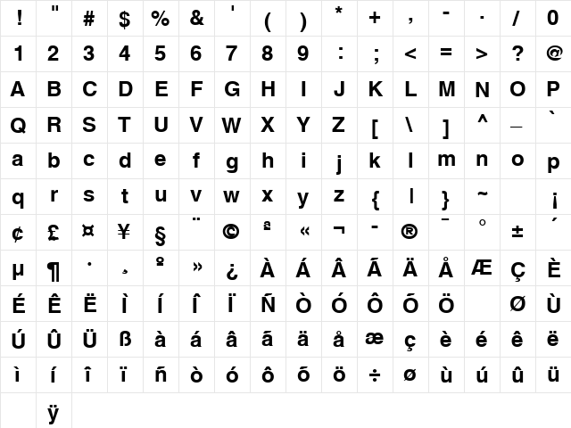 Aberden Bold  glyph index