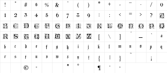 Lombardina Initial One Regular  glyph index