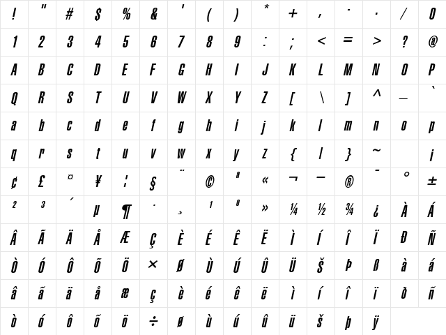 CorporateCompressedUltra Italic  glyph index