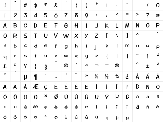 Copybook Bold  glyph index