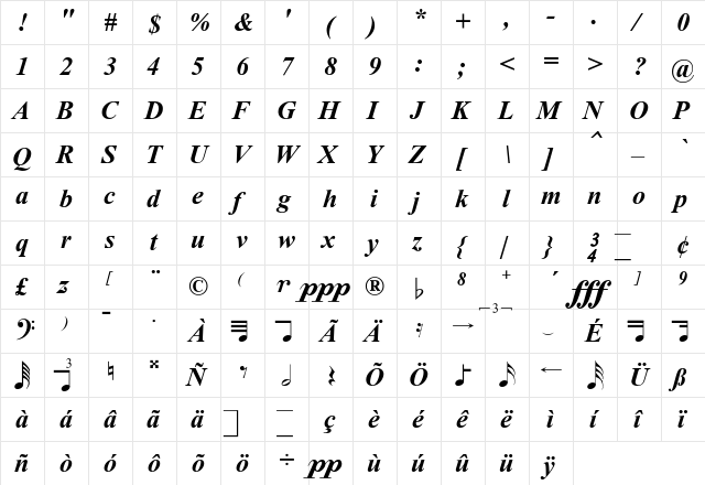 MaestroTimes Regular  glyph index