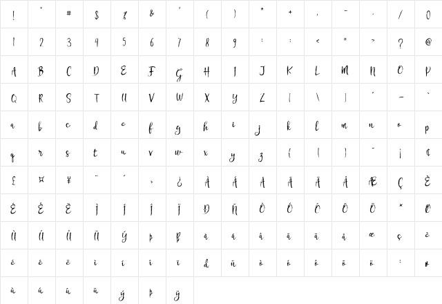 Chamille Regular  glyph index