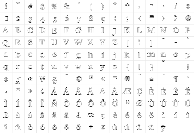 WilliamBeckerOutline Bold  glyph index
